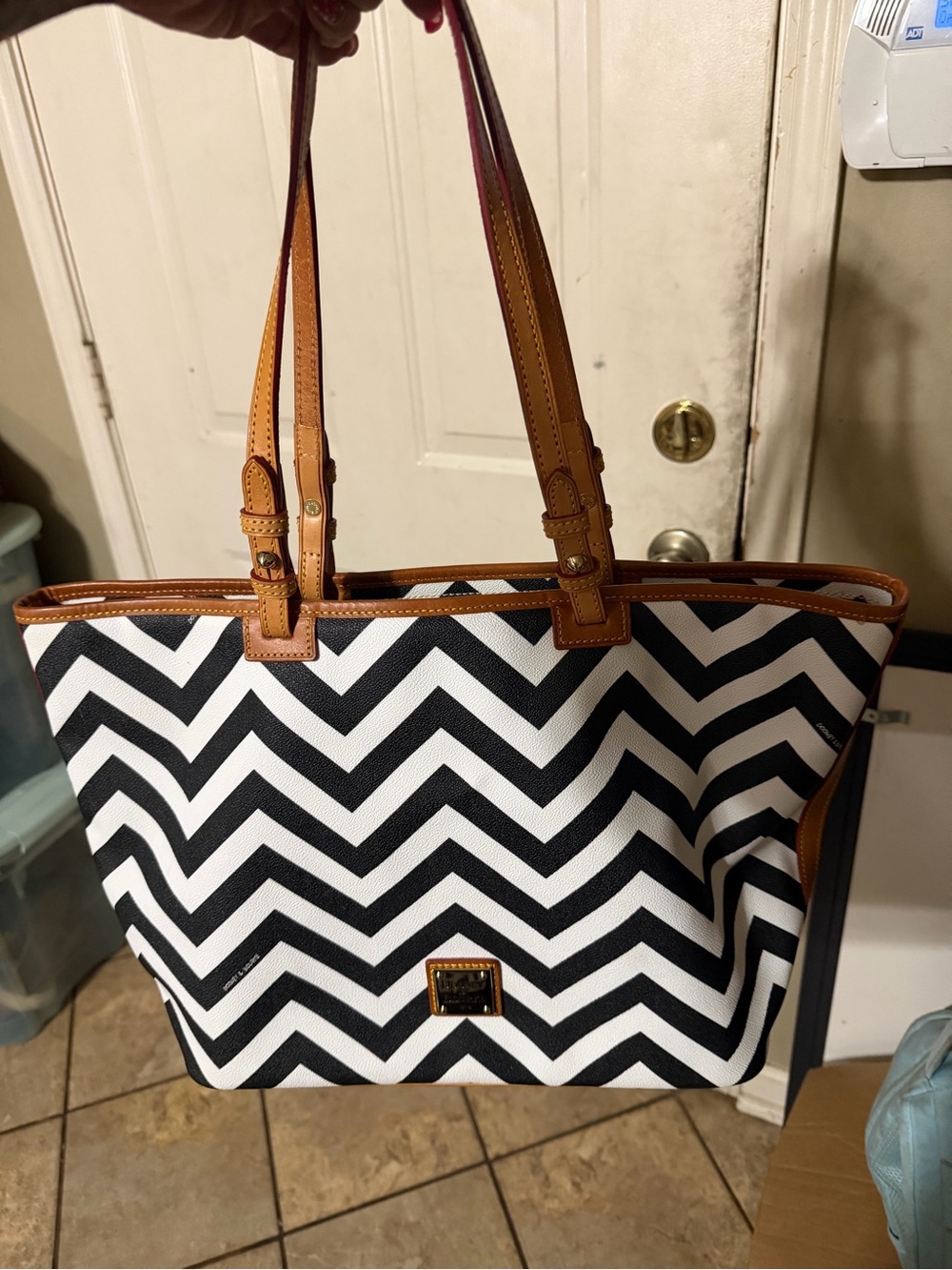 Dooney & Bourke Black and White Chevron Tote with Tan Trim